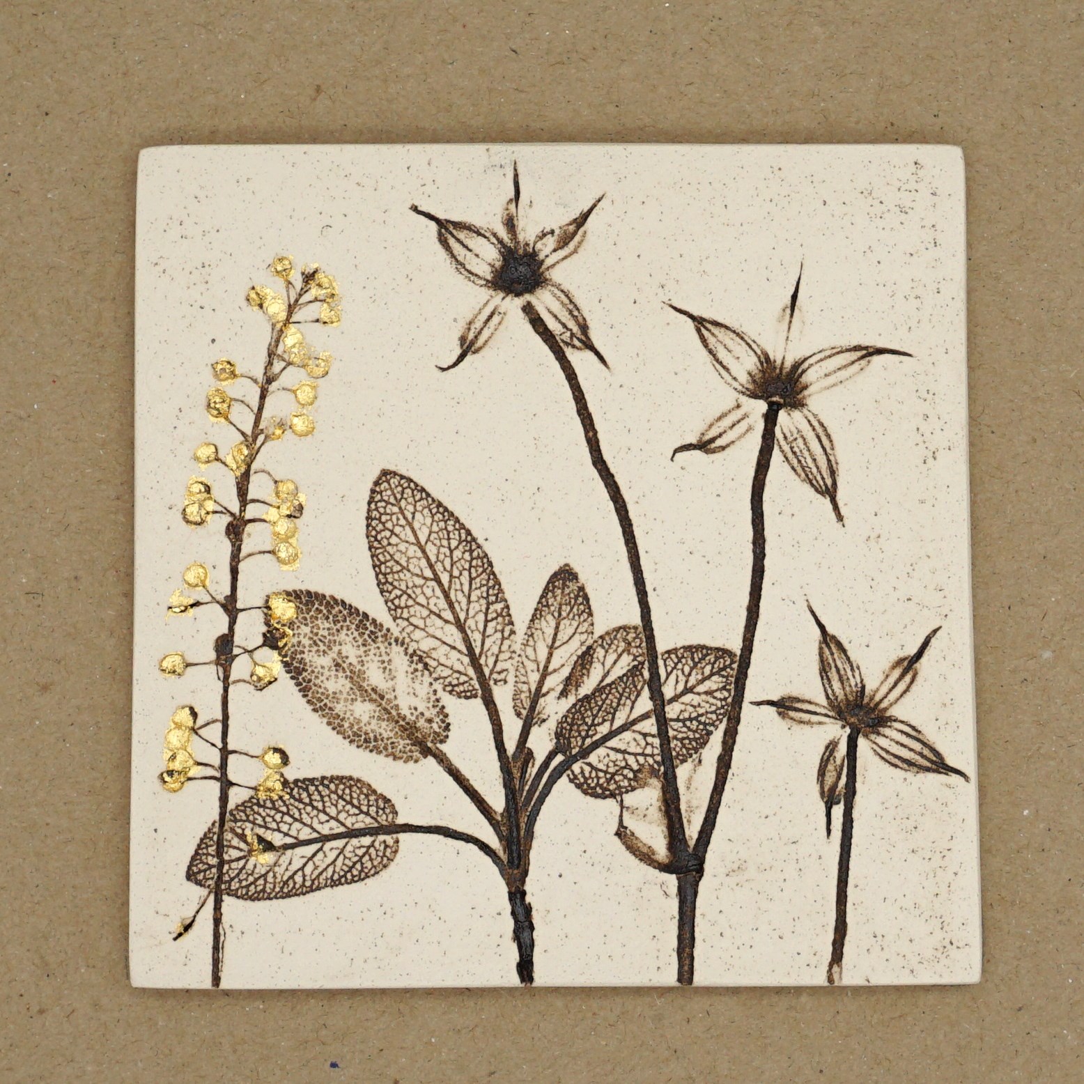 10cm Square Botanical Tile With 24ct Gold Leaf