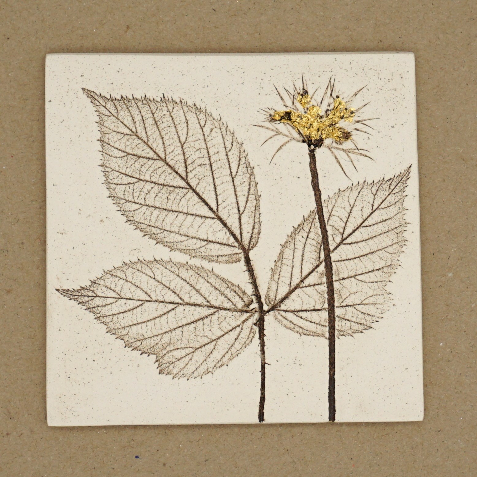 10cm Square Botanical Tile With 24ct Gold Leaf