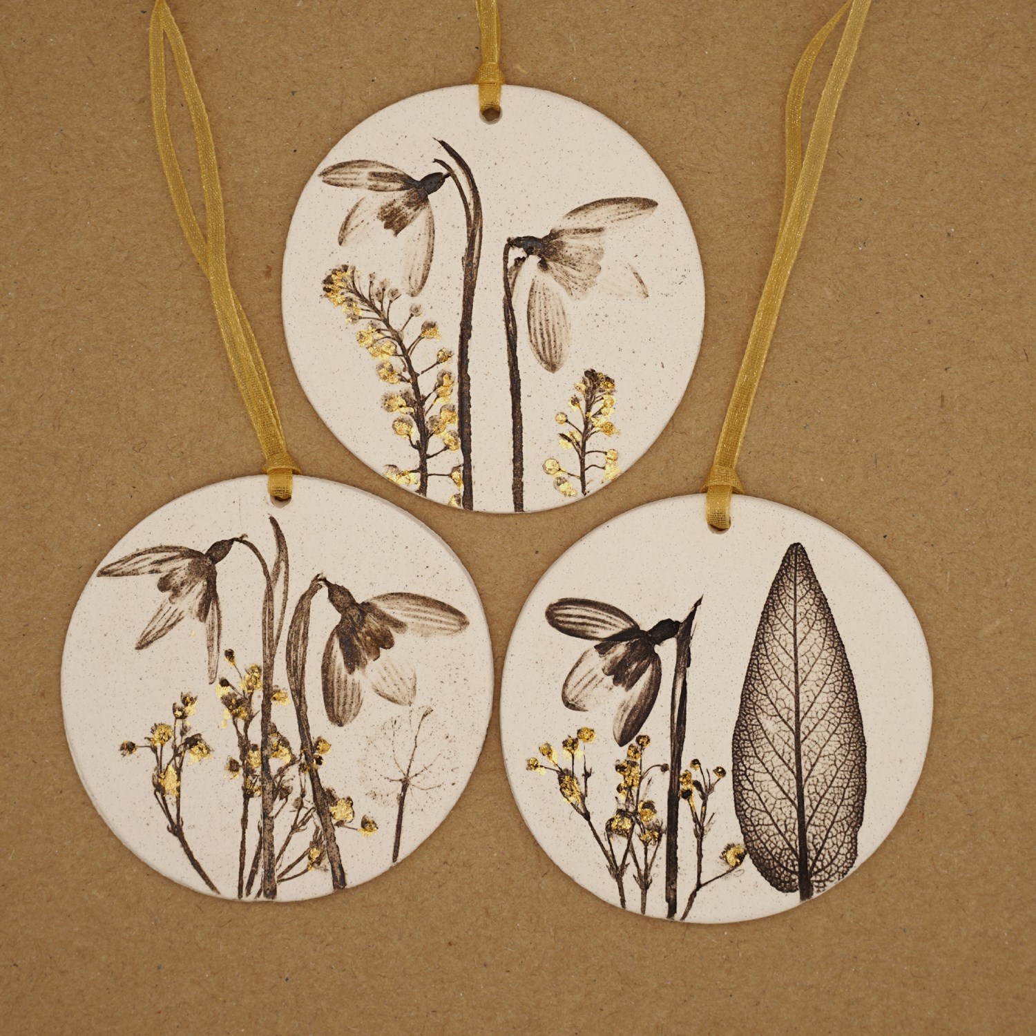 Three 7cm Round Hanging Botanical Tiles With 24ct Gold Leaf