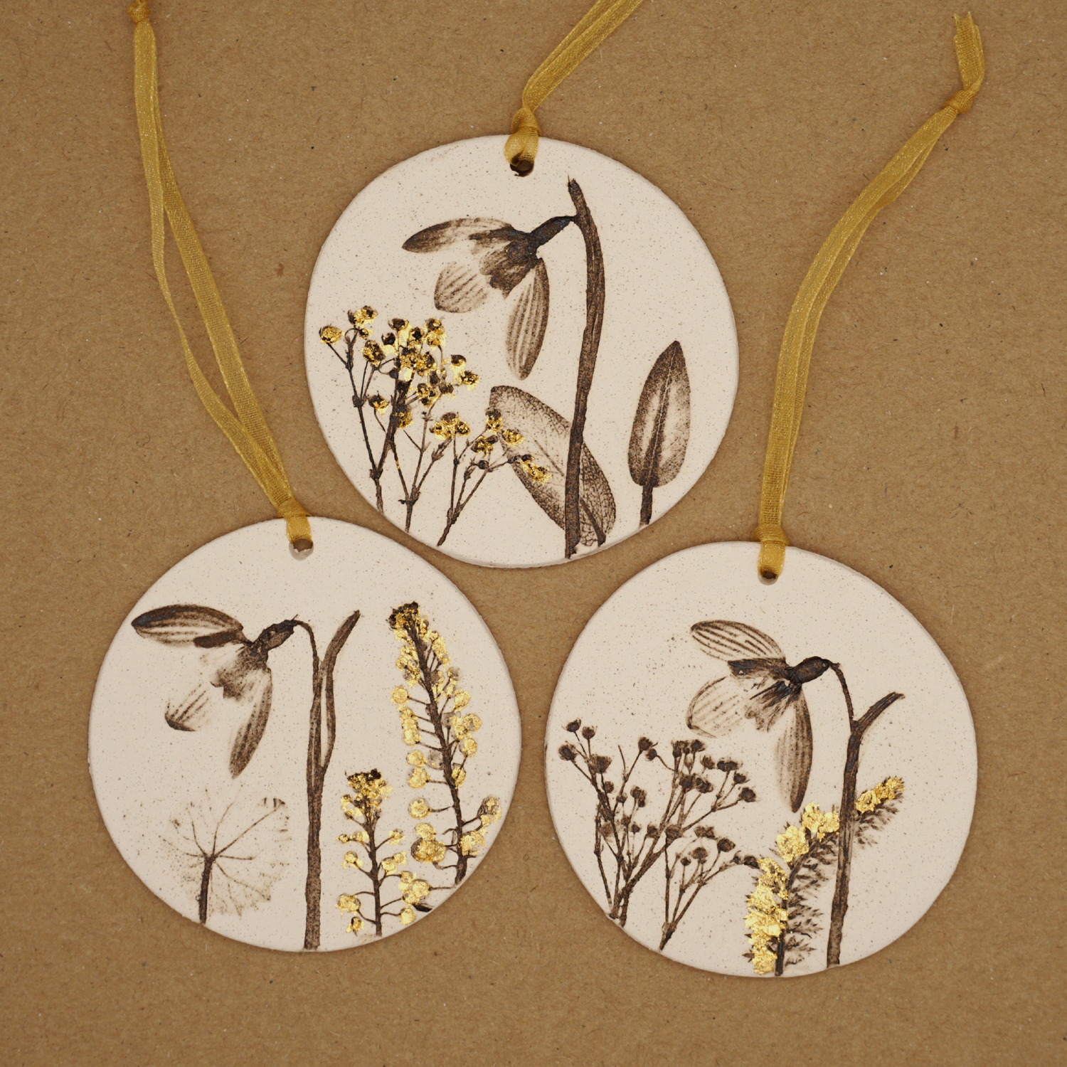 Three 7cm Round Hanging Botanical Tiles With 24ct Gold Leaf