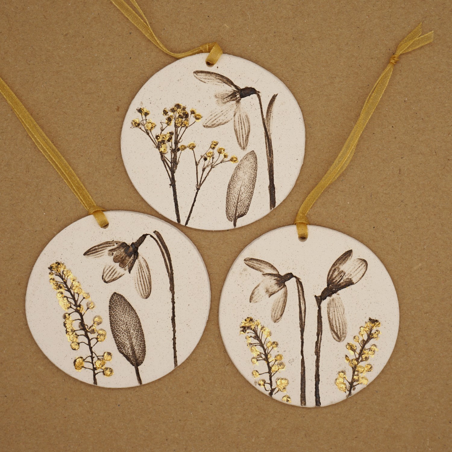 Three 7cm Round Hanging Botanical Tiles With 24ct Gold Leaf