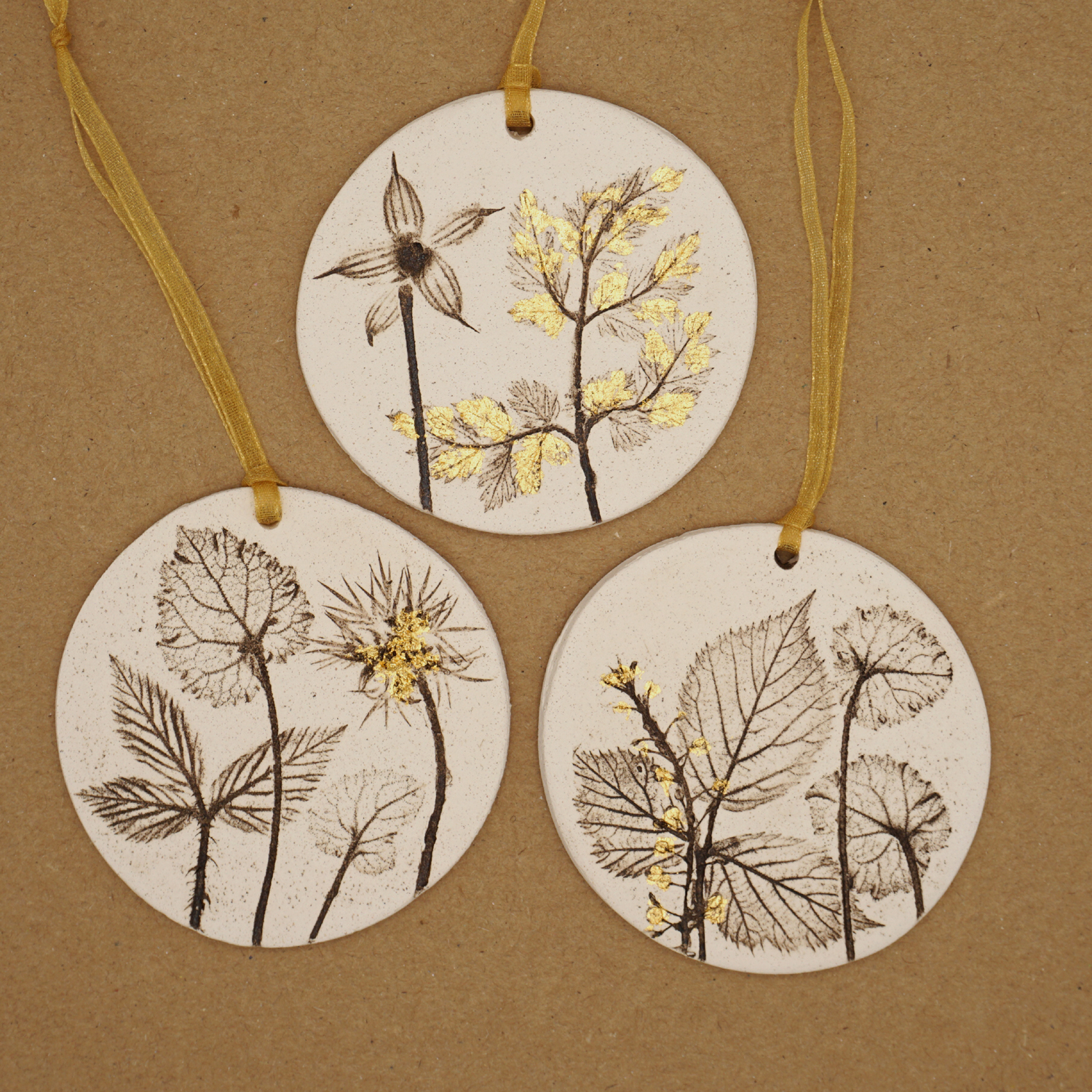 Three 7cm Round Hanging Botanical Tiles With 24ct Gold Leaf