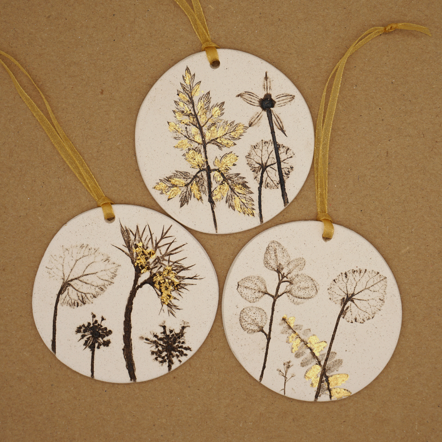 Three 7cm Round Hanging Botanical Tiles With 24ct Gold Leaf