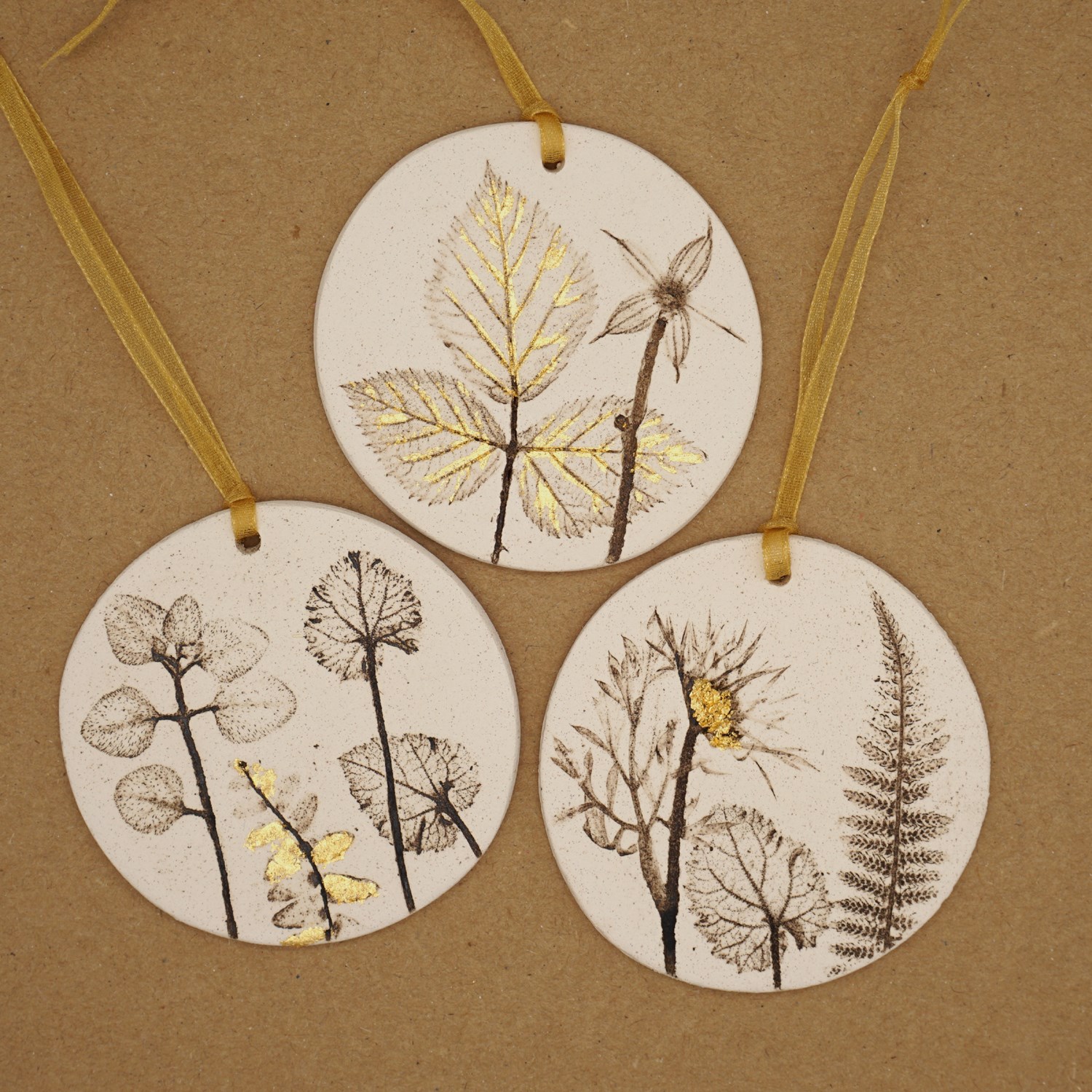 Three 7cm Round Hanging Botanical Tiles With 24ct Gold Leaf