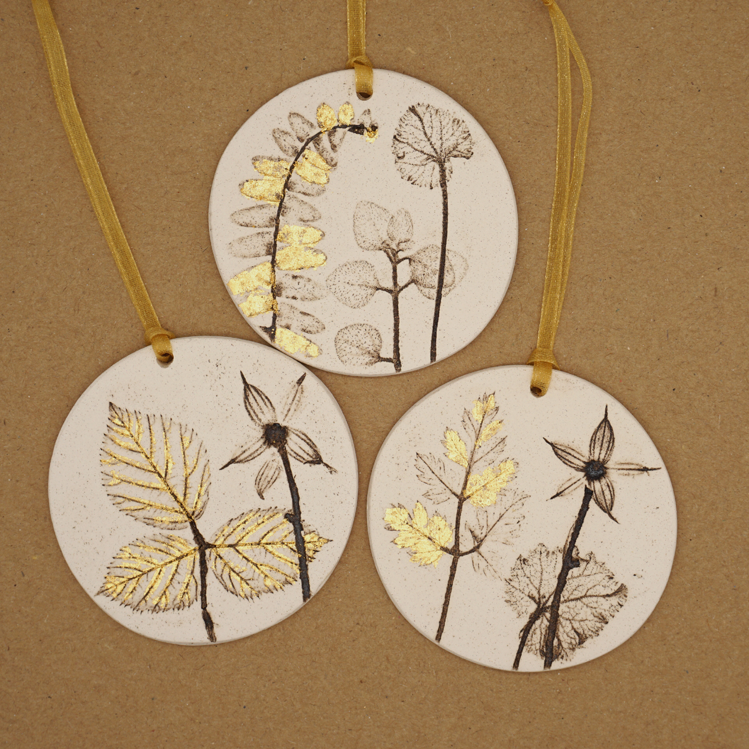 Three 7cm Round Hanging Botanical Tiles With 24ct Gold Leaf