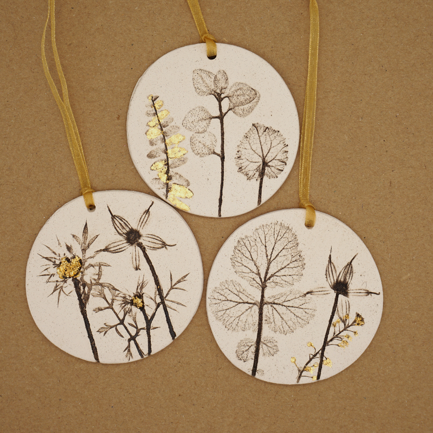 Three 7cm Round Hanging Botanical Tiles With 24ct Gold Leaf