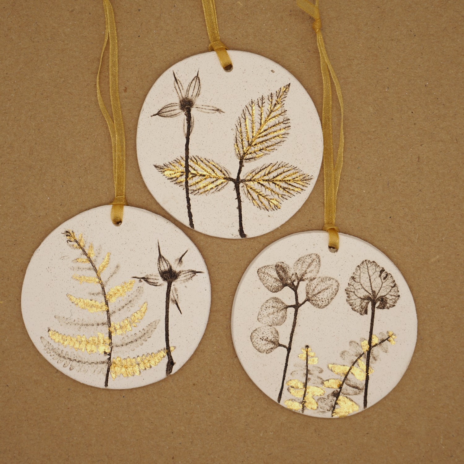 Three 7cm Round Hanging Botanical Tiles With 24ct Gold Leaf