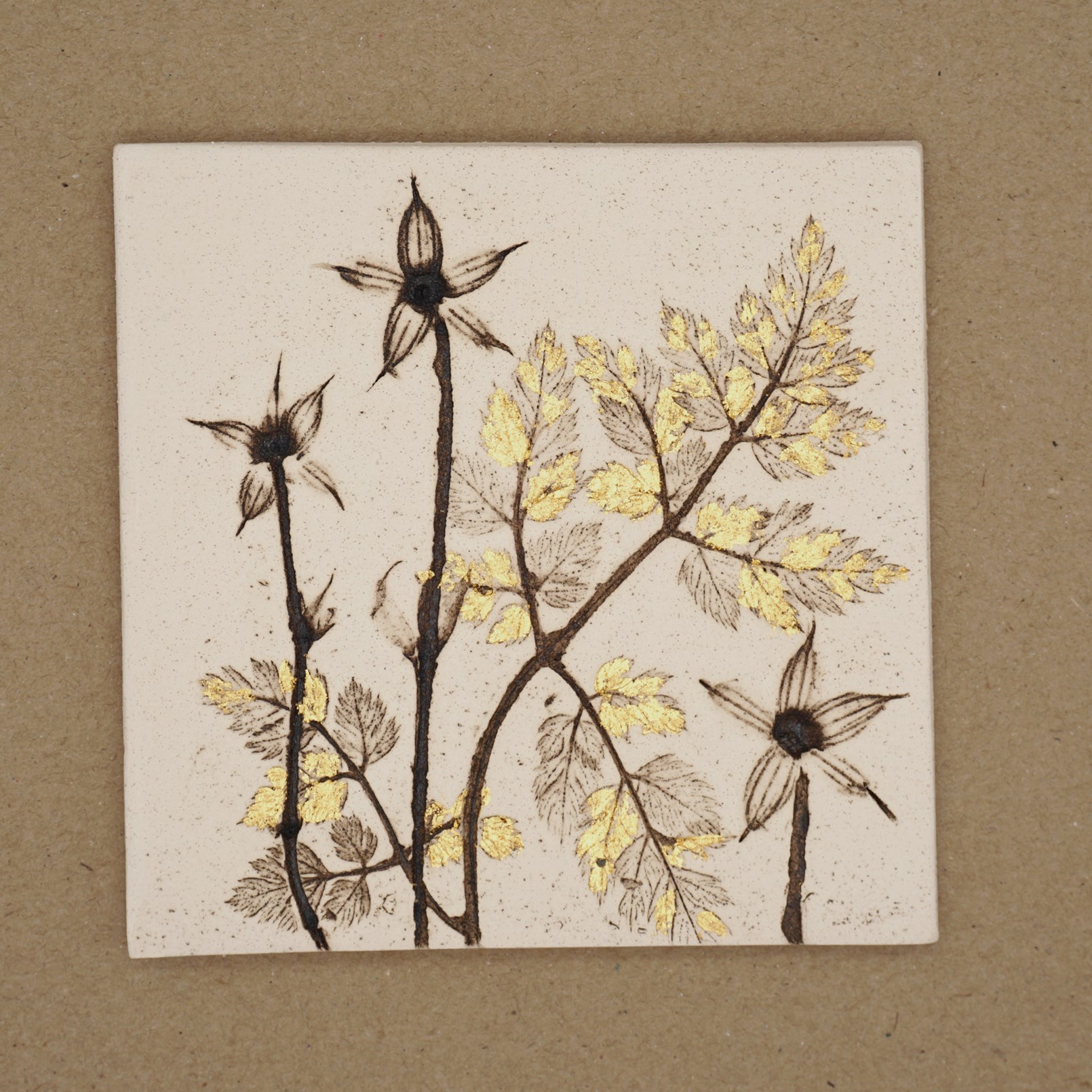 10cm Square Botanical Tile With 24ct Gold Leaf