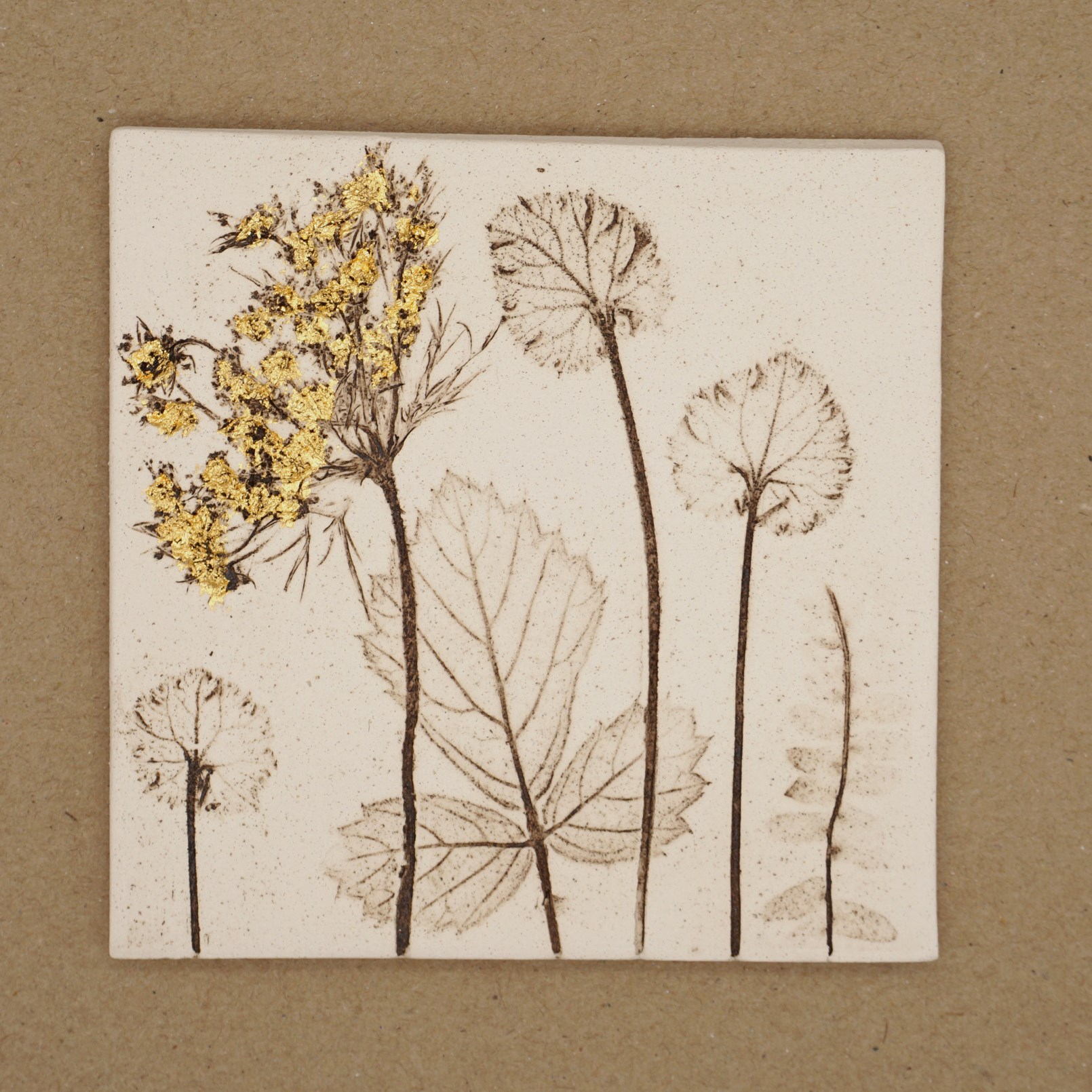 10cm Square Botanical Tile With 24ct Gold Leaf