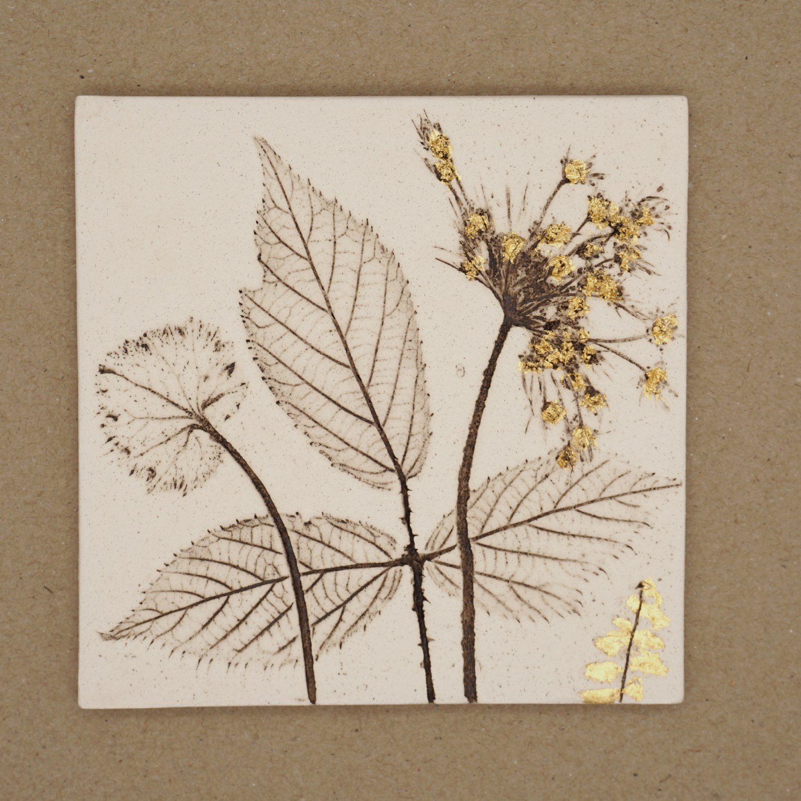 10cm Square Botanical Tile With 24ct Gold Leaf