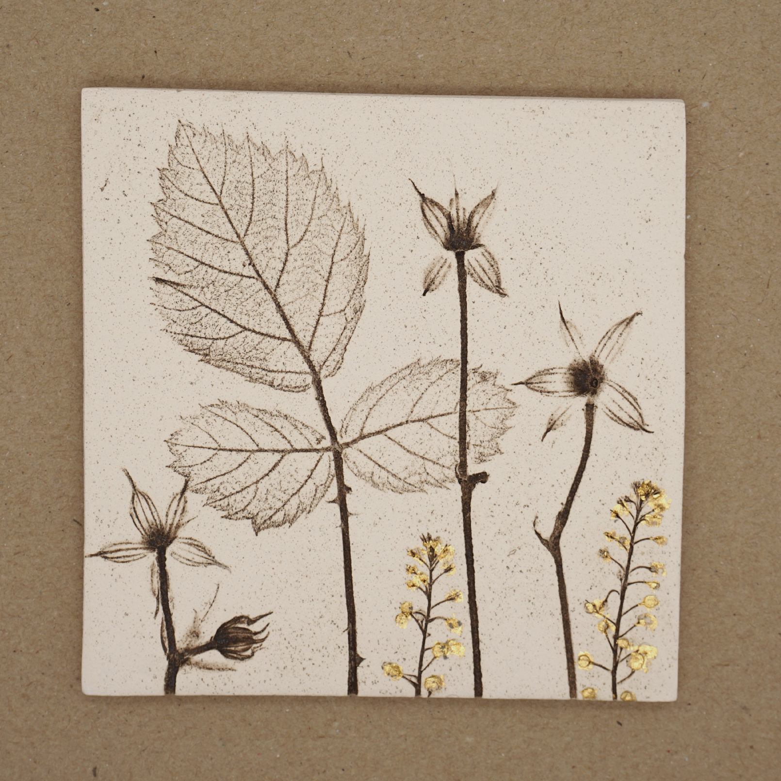 10cm Square Botanical Tile With 24ct Gold Leaf