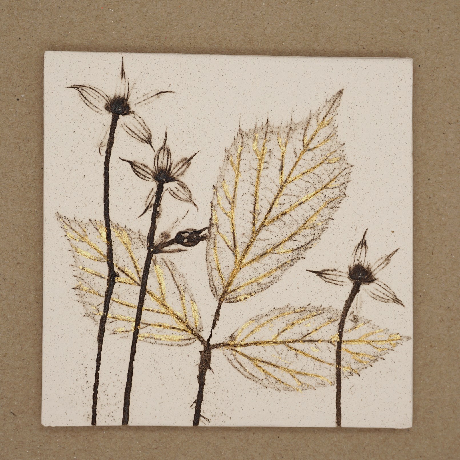 10cm Square Botanical Tile With 24ct Gold Leaf