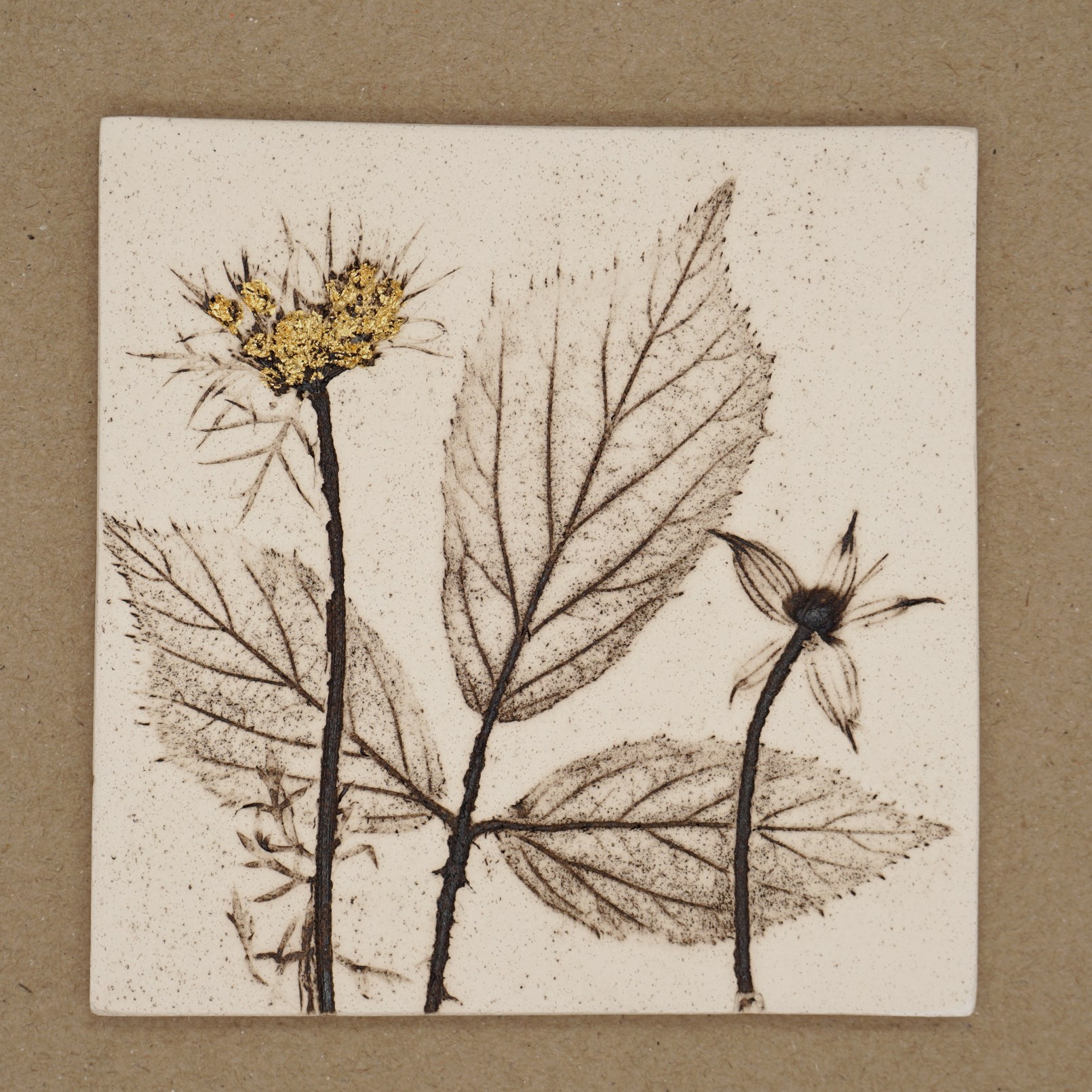 10cm Square Botanical Tile With 24ct Gold Leaf