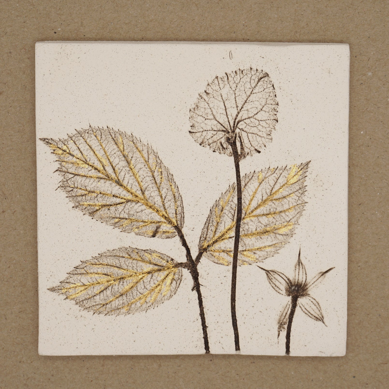 10cm Square Botanical Tile With 24ct Gold Leaf