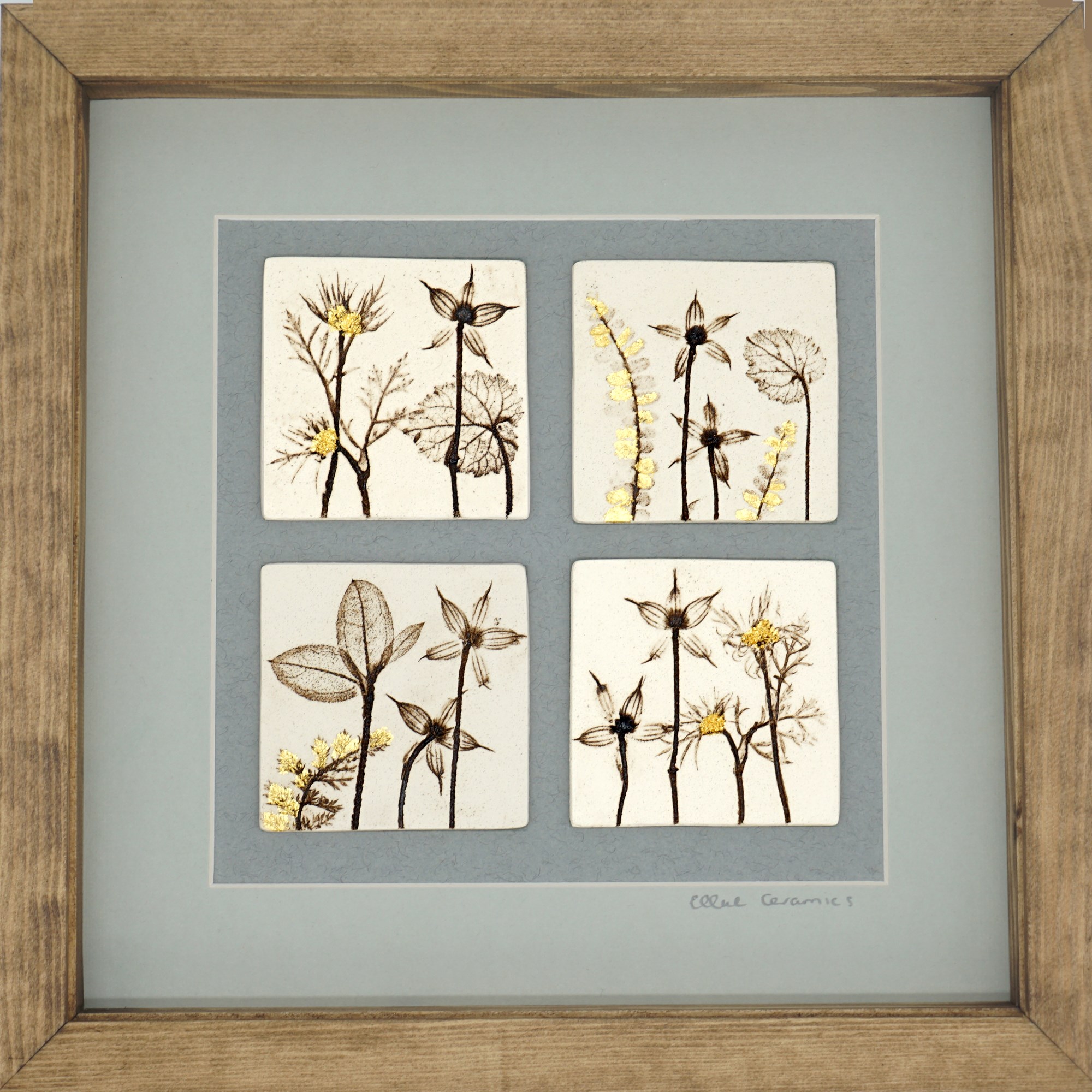 Four Framed Botanical Tiles with 24ct Gold Leaf