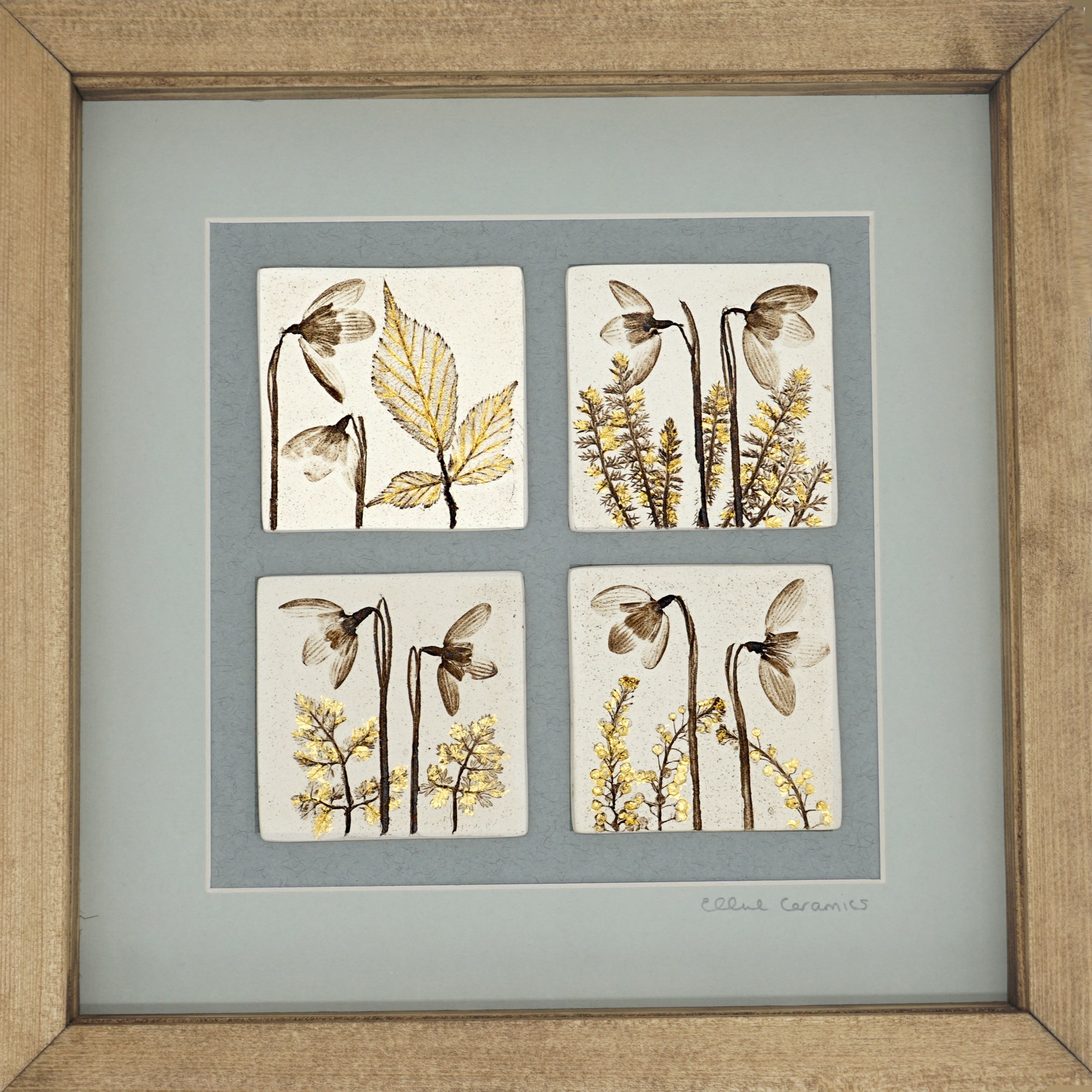 Four Framed Snowdrop Tiles with 24ct Gold Leaf