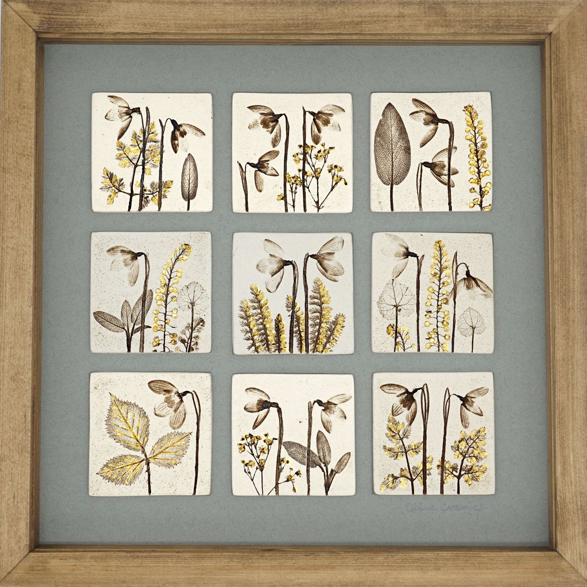 Nine Framed Snowdrop Tiles With 24ct Gold Leaf