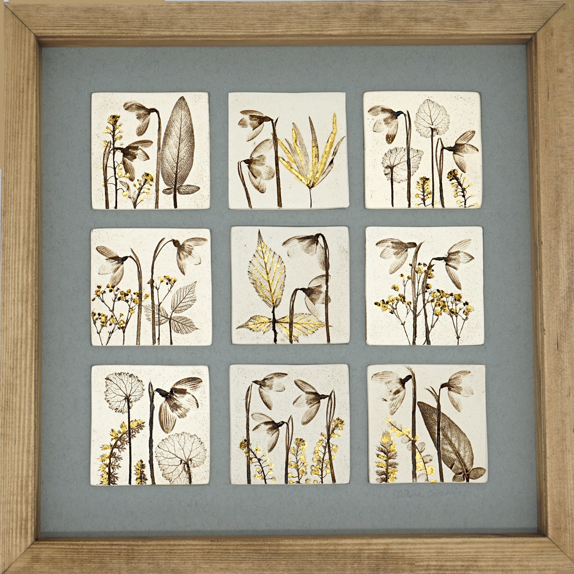 Nine Framed Snowdrop Tiles With 24ct Gold Leaf