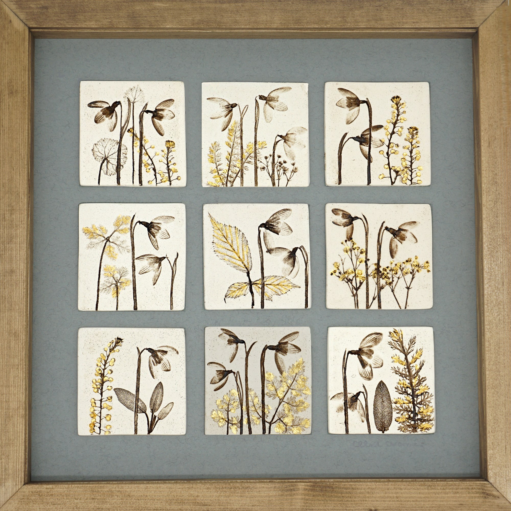 Nine Framed Snowdrop Tiles With 24ct Gold Leaf