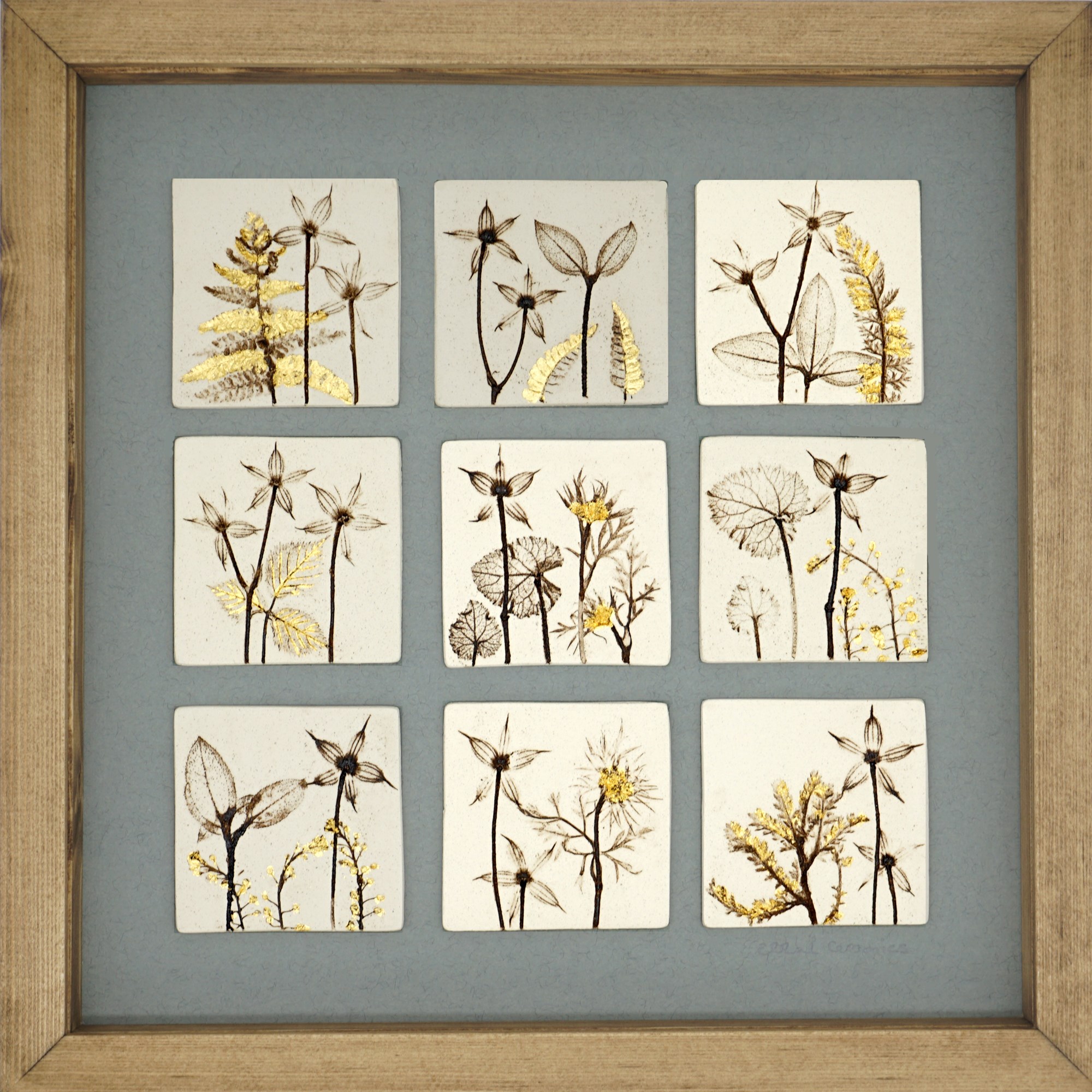 Nine Framed Botanical Tiles With 24ct Gold Leaf